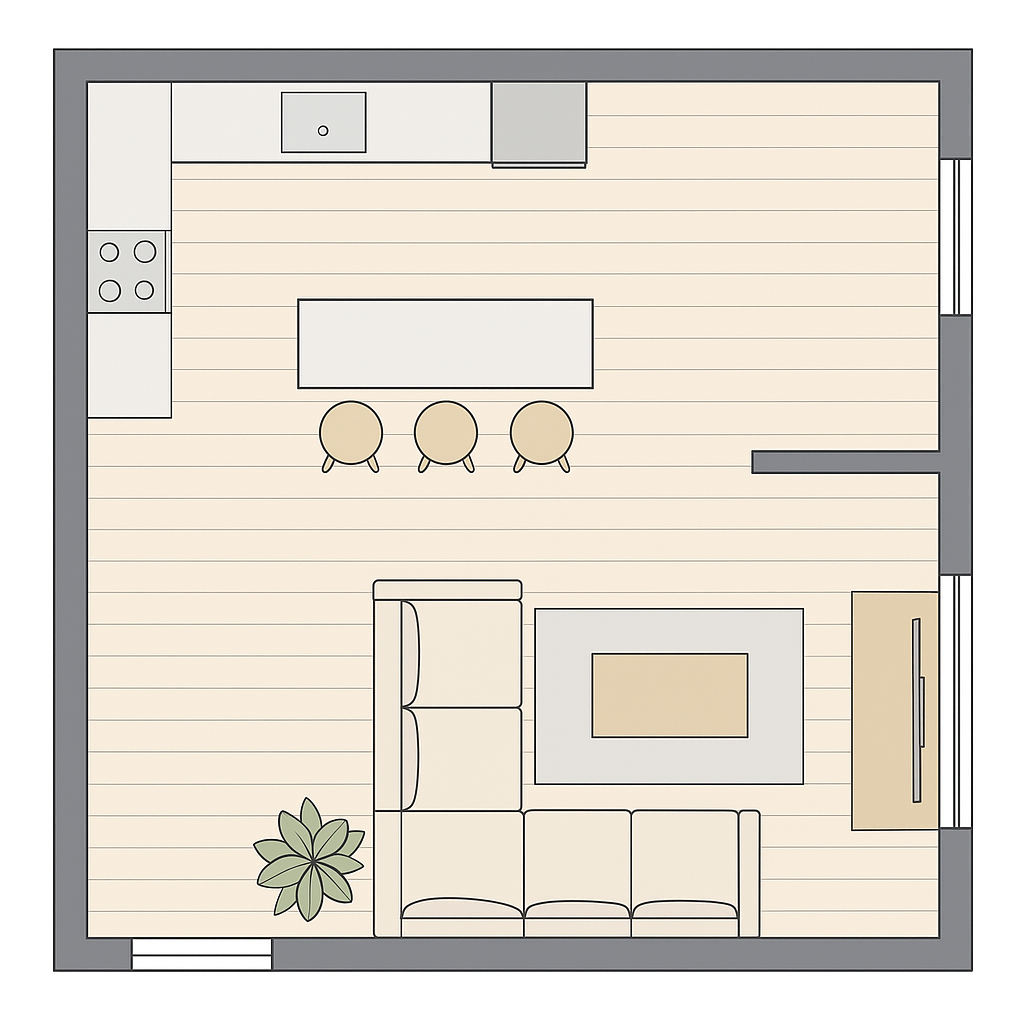 один из примеров планировки кухни-гостинной