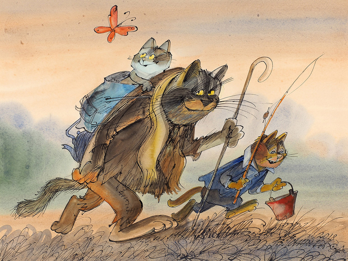 В. Чижиков. «На рыбалку». 2018. Бумага, тушь, перо, акварель, белила, 30×40 см