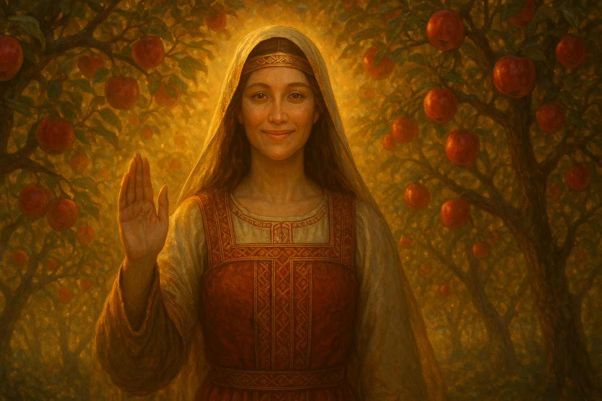 Она протягивает Вам благословение среди зрелых яблок. Её улыбка — знак, что дары уже готовы войти в Вашу жизнь.