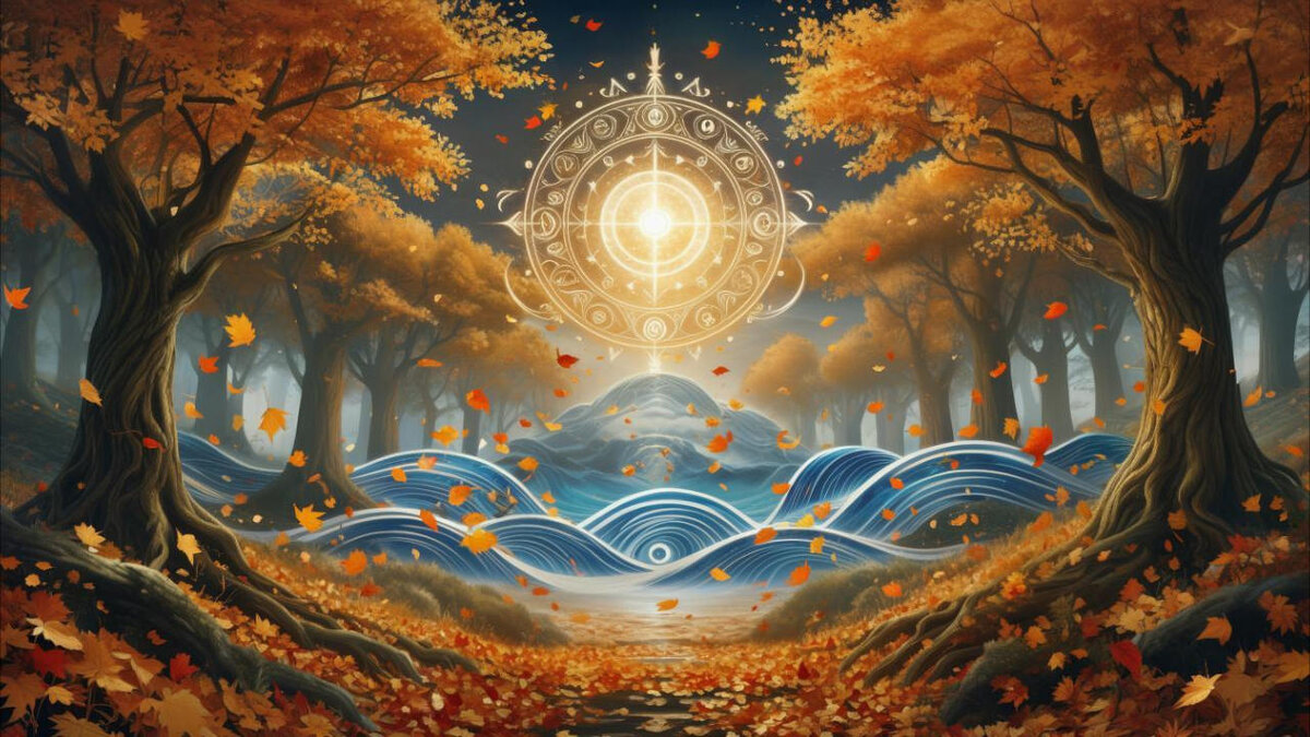 Художественное изображение осеннего равноденствия (изображение создано с помощью нейросети Кандинский).
