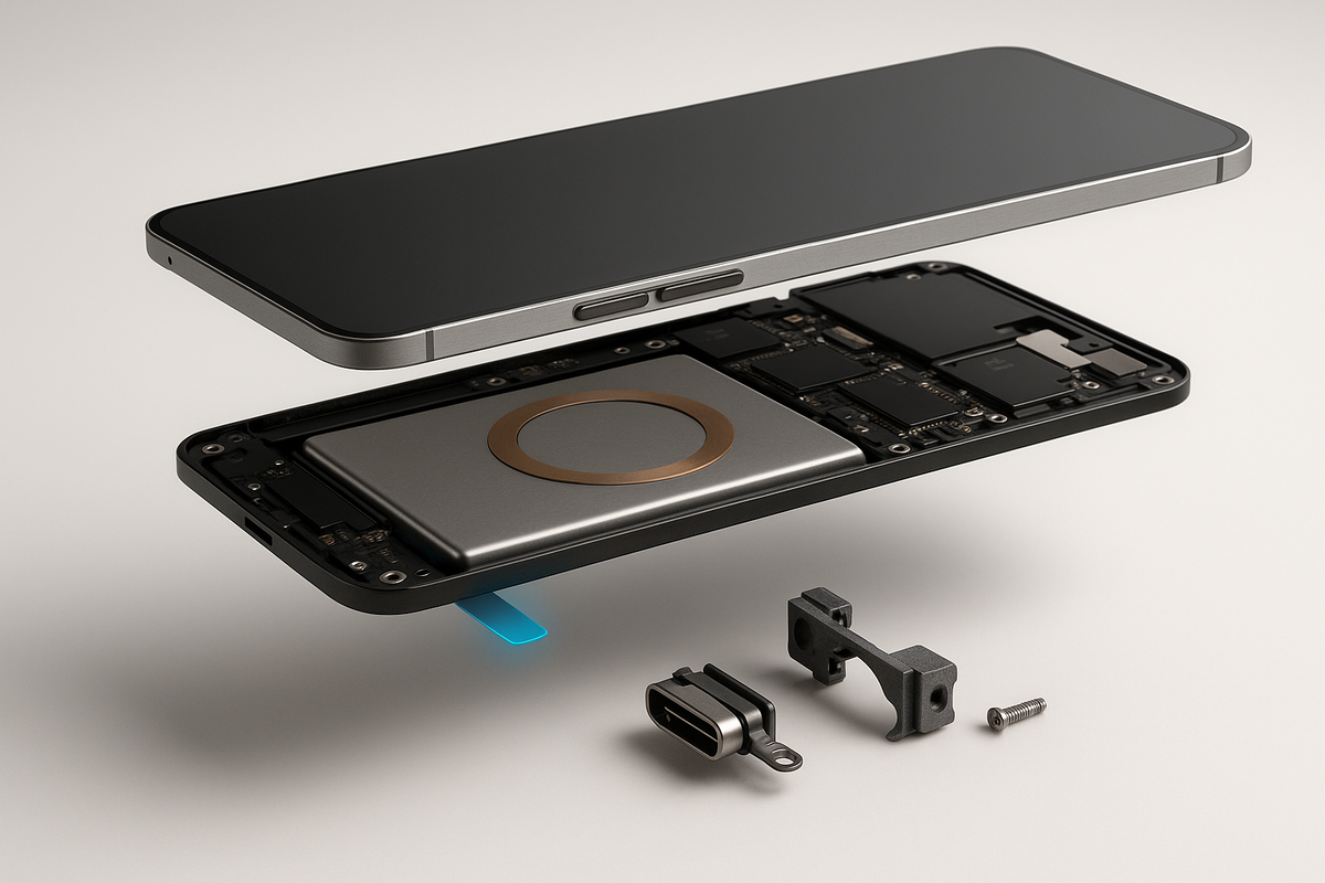 Краткое описание: эксплод-иллюстрация ультратонкого iPhone Air без надписей — плата над металлической батареей с кольцом MagSafe и отдельно вынесённый модульный USB-C в титановом кронштейне.