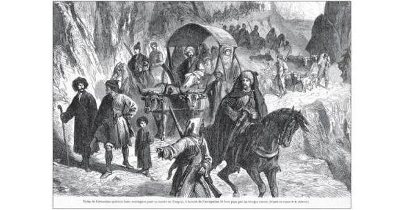 Племя черкесов покидает свои горы, направляясь в Турцию. Художник Аурелий. (из книги Б. Едиджа «Черкесы-адыги в рисунках европейских художников XVII—XIX веков». Майкоп, 2009)