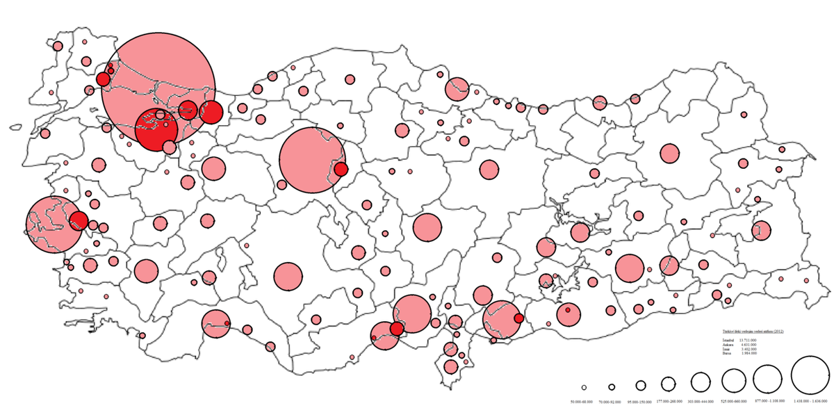 Города Турции пропорционально численности населения (2012 год).