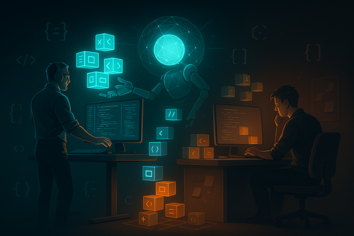 Краткое описание: концепт-арт про дисбаланс — светящийся «ИИ-шар» раздаёт яркие «кубы кода» опытному инженеру на переднем плане, тогда как младшему достаётся лишь несколько; без текста и логотипов.