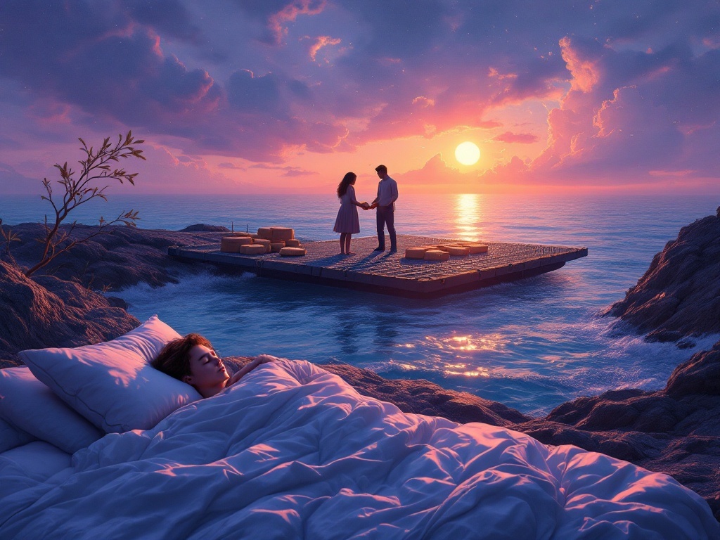    К чему такое снится: На картине изображены два человека у моря, подходящие к плоту на водяном конвейере. Один из них кладет хлеб в решетку на плоте. Вокруг пейзаж морского берега, подчер