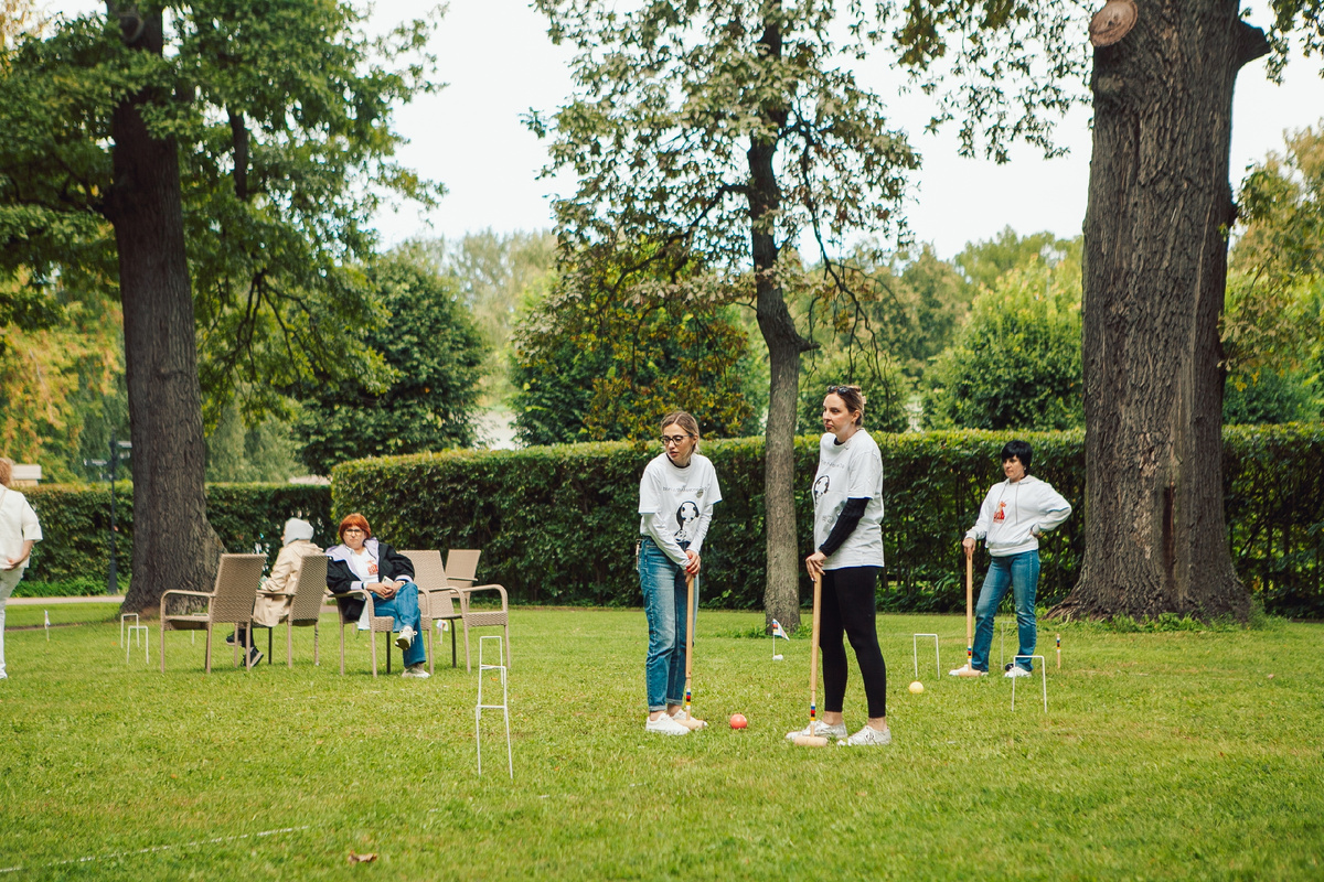 Русский крокет. На фотографии виден прямой проход через калитки. 