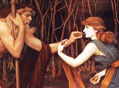 Персефрна вкушает зёрна граната, обманутая Аидом, связавшим её с Царством мёртвых. Яндекс. Картинки