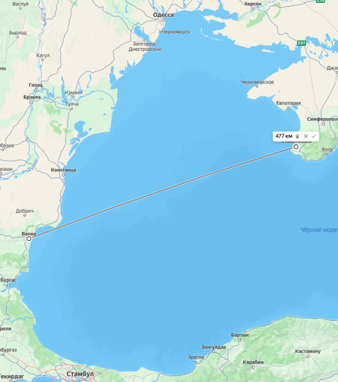 от Варны до Севастополя 477 км.