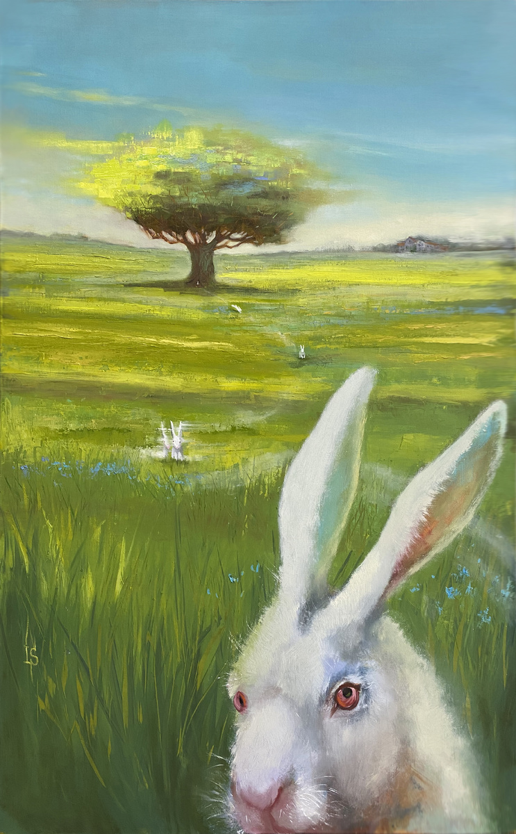 Белый Кролик следует за тобой. Холст, масло, 130х80, 2022