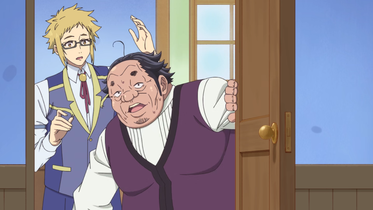 Кадр из обозреваемого аниме. Здесь, на первом плане, изображён бывший босс протагониста ещё со времён жизни в Японии. Да, босс тоже переродился в мире фэнтези; но, судя по всему, не только крутанув внешность в минус – ещё и выбрав более зрелый возраст для перерождения, дабы обрести дополнительные очки развития (для сравнения: прочие попаданцы перерождались молодыми!). К слову – самих попаданцев-перерожденцев тут вправду много; и есть смысл предположить, что таковыми являются ВСЕ люди фэнтези-мира.