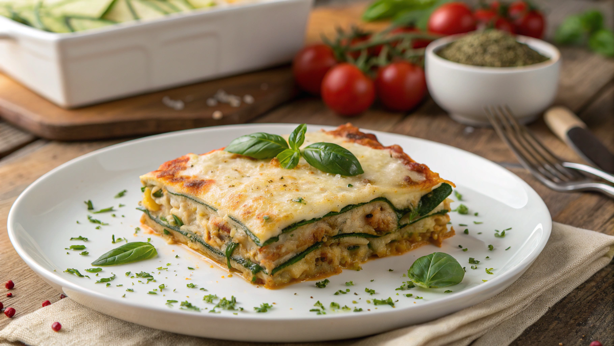 Фото: Красивая порция лазаньи с кабачками на белой тарелке, сверху золотистый сыр, свежая зелень, фон — деревянный стол.