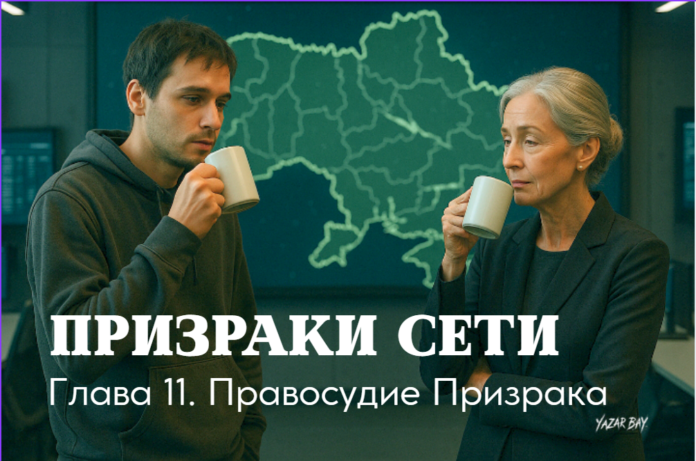 Два агента-соперника, молодой хакер и пожилая шпионка, в тишине пьют кофе в своем бункере после победы, объединенные пережитой битвой. ©Язар Бай
