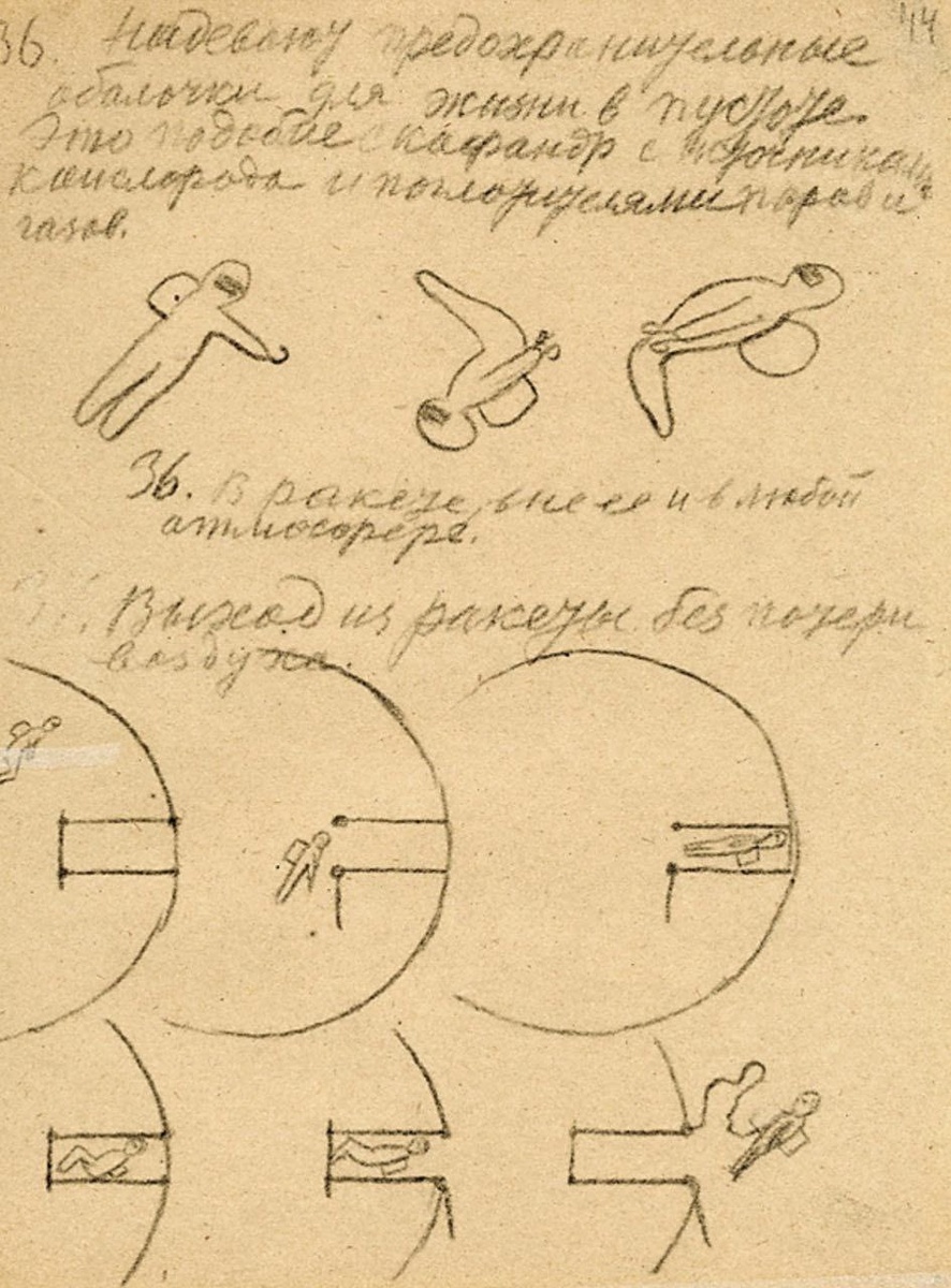 Выход в открытый космос. Фрагмент «Альбома космических путешествий». 1933 г. Архив РАН. Ф. 555. Оп. 1. Д. 84