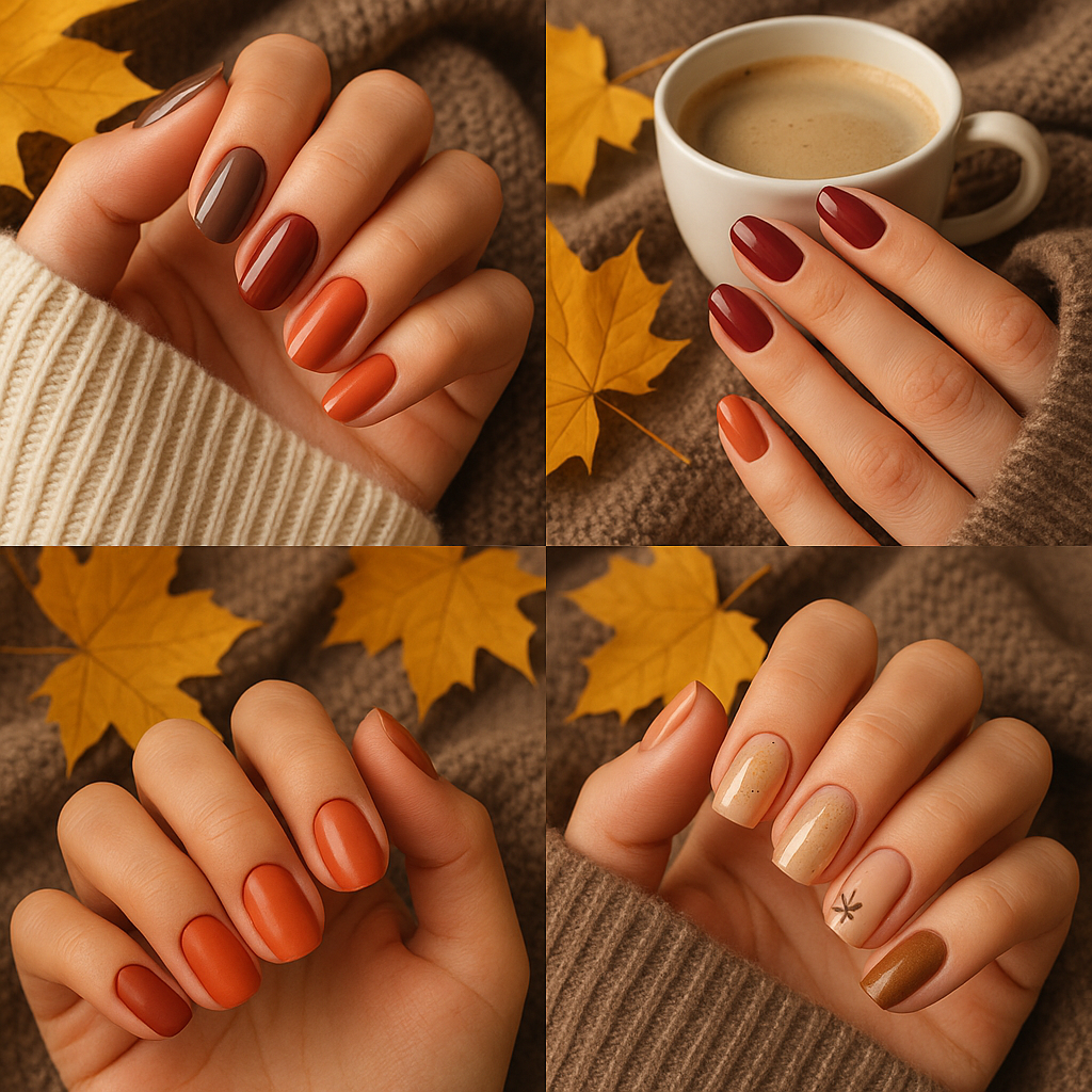 Коллаж осеннего маникюра 2025 — идеи с бордо, шоколадным нюдом, терракотом и золотыми акцентами