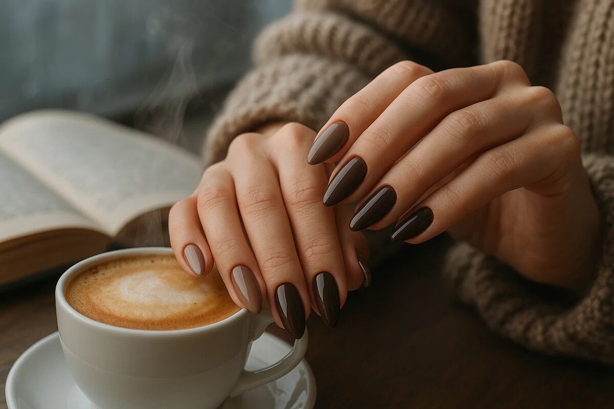 Маникюр в шоколадных и кофейных оттенках, ногти миндальной формы. На фоне дымящаяся чашка капучино, раскрытая книга и мягкий свитер крупной вязки. Атмосфера уюта и дождливого дня в Петербурге