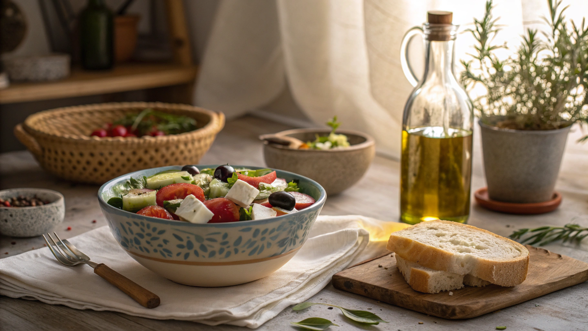 Фото: Греческий салат в керамической миске, рядом оливковое масло и ломоть свежего хлеба