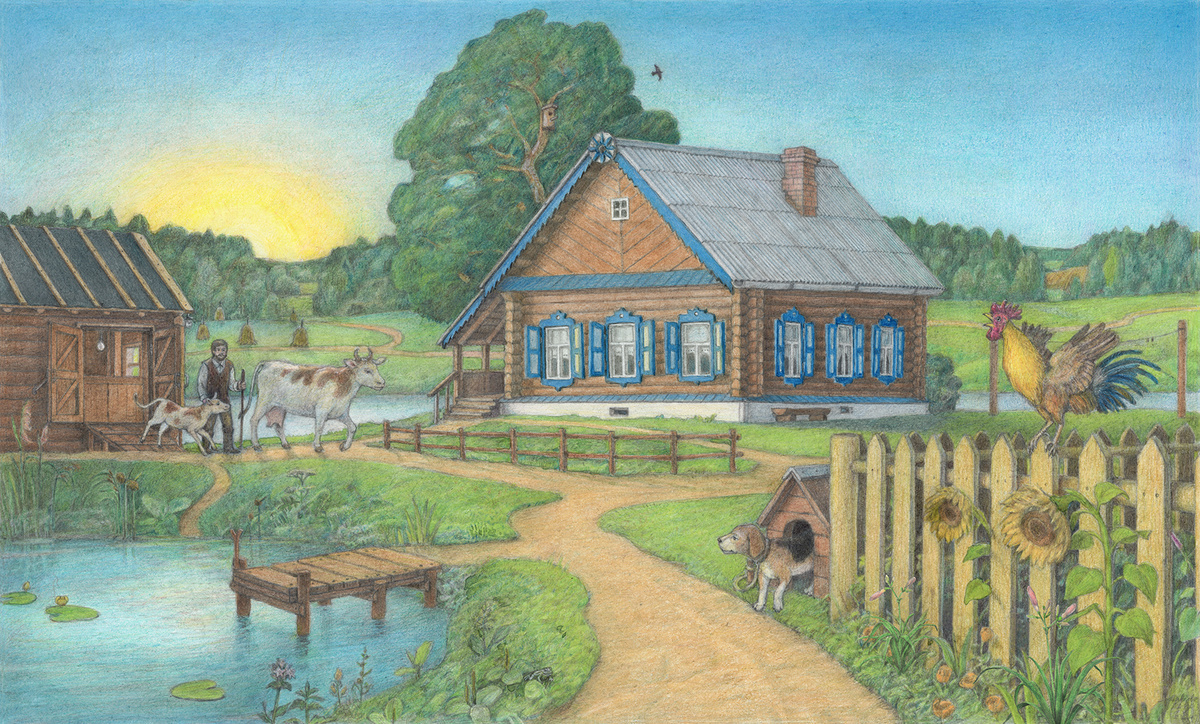 1. Утро. Цветные карандаши, акварель, бумага. 2024.