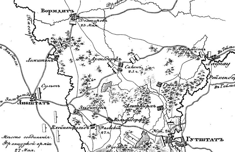 План расположения войск при Гуттштадте. Дохтуров в левом верхнем углу.