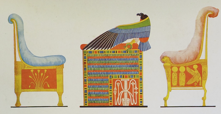 Древнеегипетские царские кресла трёхтысячелетней давности
Перед нами реконструкция царской мебели Древнего Египта, датируемой примерно XIV–XIII вв. до н. э. Кресла выполнены из ценных пород дерева, покрыты позолотой и украшены инкрустациями из фаянса и цветной стеклянной пасты. Декор включает растительные орнаменты, священных животных и царские картуши, что подчёркивало божественный статус правителя. Мягкие сиденья и подушки свидетельствуют о высоком уровне комфорта, доступном только фараонам и высшей знати. Подобная мебель использовалась в тронных залах и во время религиозных церемоний, а также сопровождала царя в загробную жизнь как символ власти и вечности.
