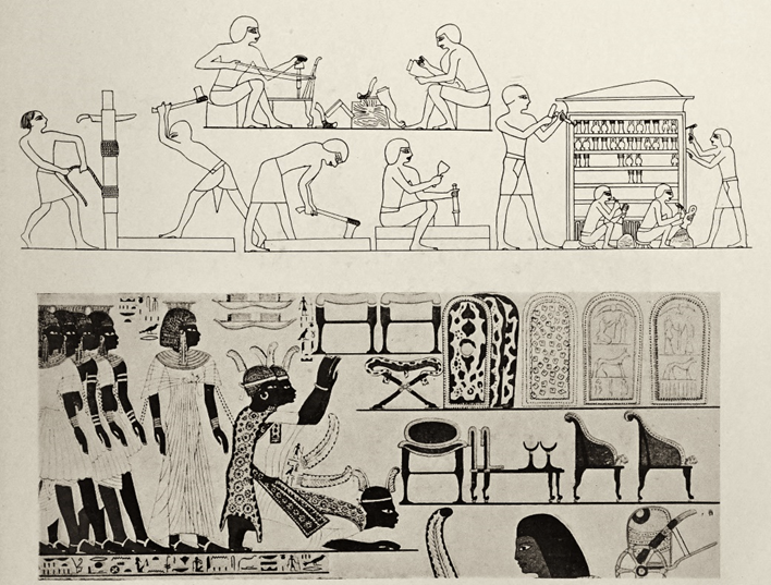 Ниже, на древней фреске, изображены табуреты, стулья и кровати периода правления Тутанхамона. Обратите внимание на две кровати, на подголовники, которые служили вместо подушек. Вверху - настенная роспись двадцатого века до нашей эры, мебельщики за работой