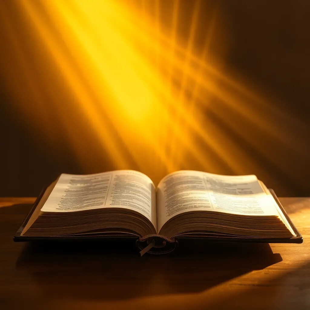Божье слово - открытая Библия с исходящим от неё божественным светом, создающая атмосферу священности и благоговения.