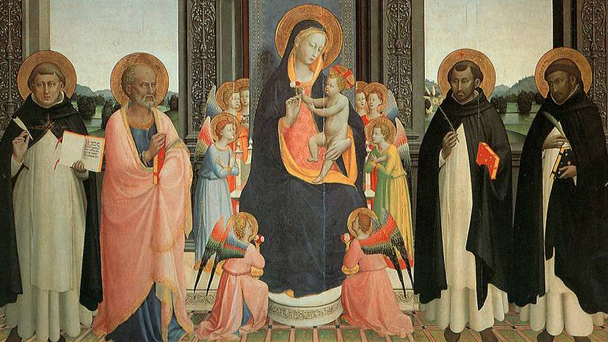 Фра Анджелико - Алтарь Святого Доминика с мадонной с младенцем, восемью ангелами, св. Фомой Аквинским, Варнавой, Домиником и Петром 1428–1430. Церковь Сан-Доменико, Фьезоле →