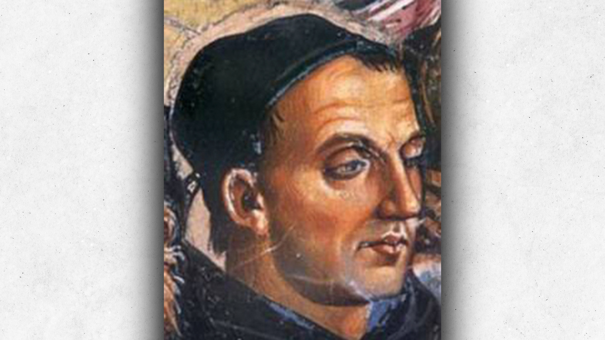 Посмертный портрет Фра Беато Анджелико кисти Лука Синьорелли, фрагмент фрески «Деяния Антихриста» (1501) в Соборе Орвието, Флоренция