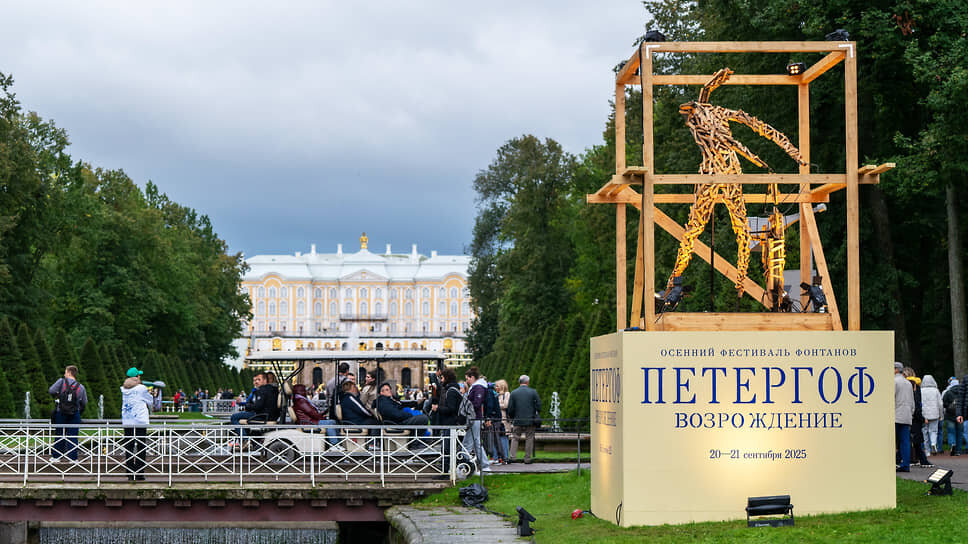 Художественная инсталляция восстановления фонтана «Самсон».📷Фото: Алексей Смагин / Коммерсантъ