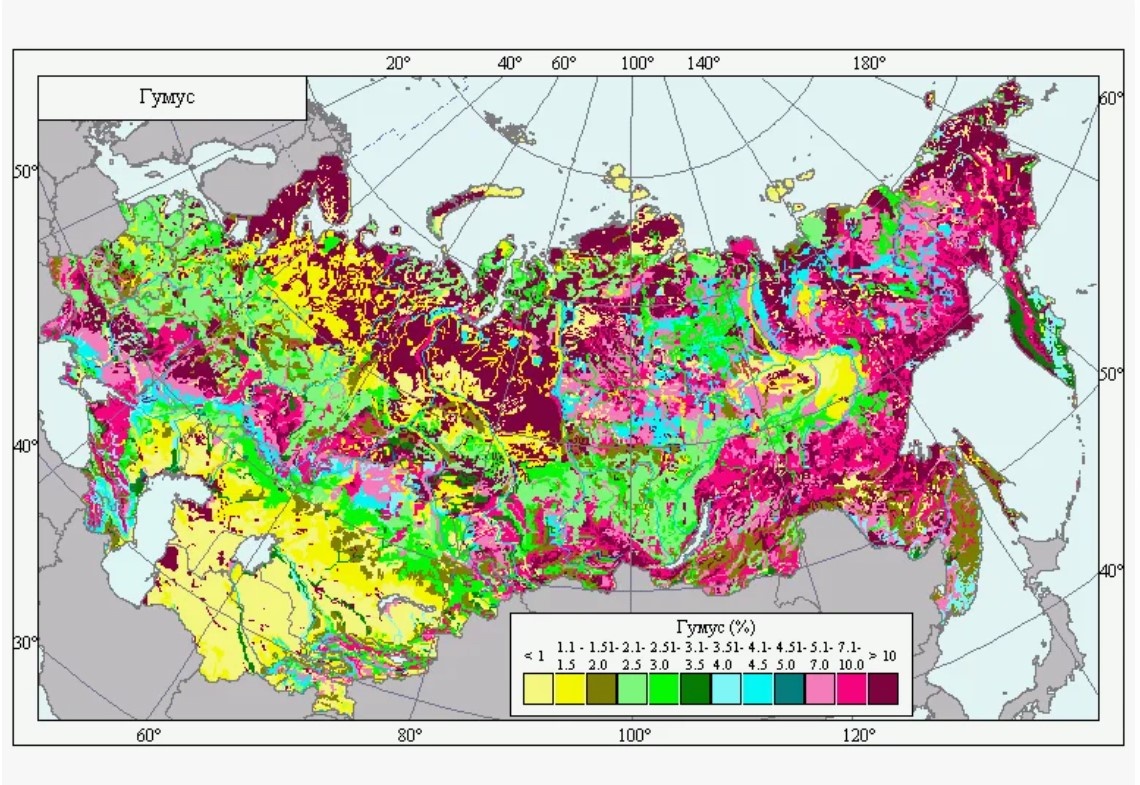 Карта России с распределением Гумуса