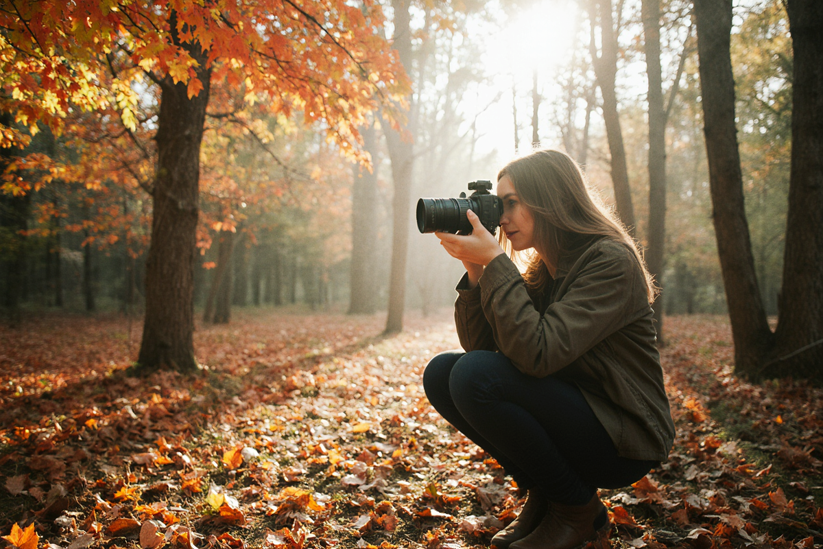 девушка фотографирует осенний лес
