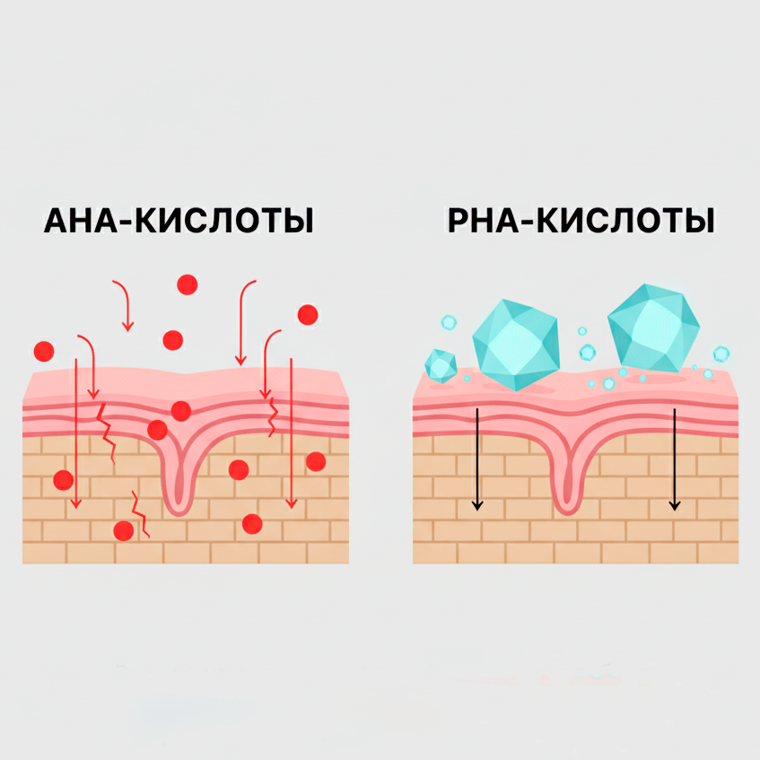 Разный размер молекул — разный механизм действия. PHA-кислоты обеспечивают контролируемое поверхностное обновление без глубокого проникновения и раздражения.