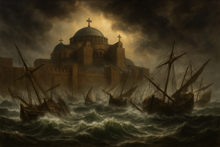 Остатки арабских кораблей под стенами Константинополя после спасительного шторма