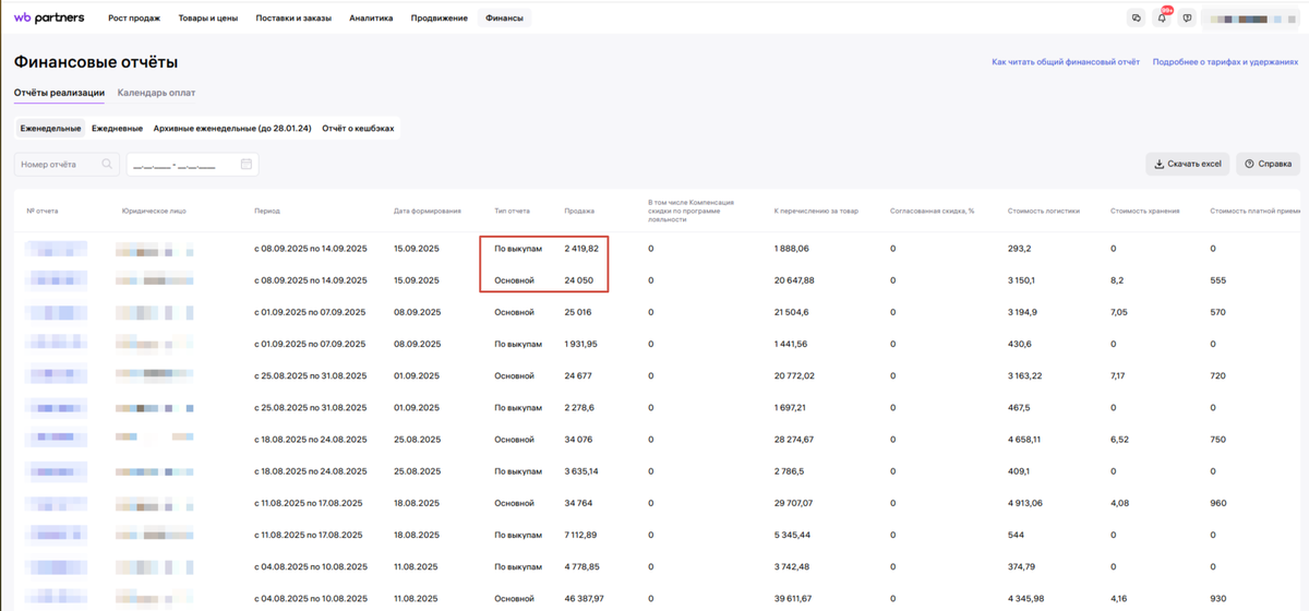 Здесь можно посмотреть суммы продаж на ВБ по неделям