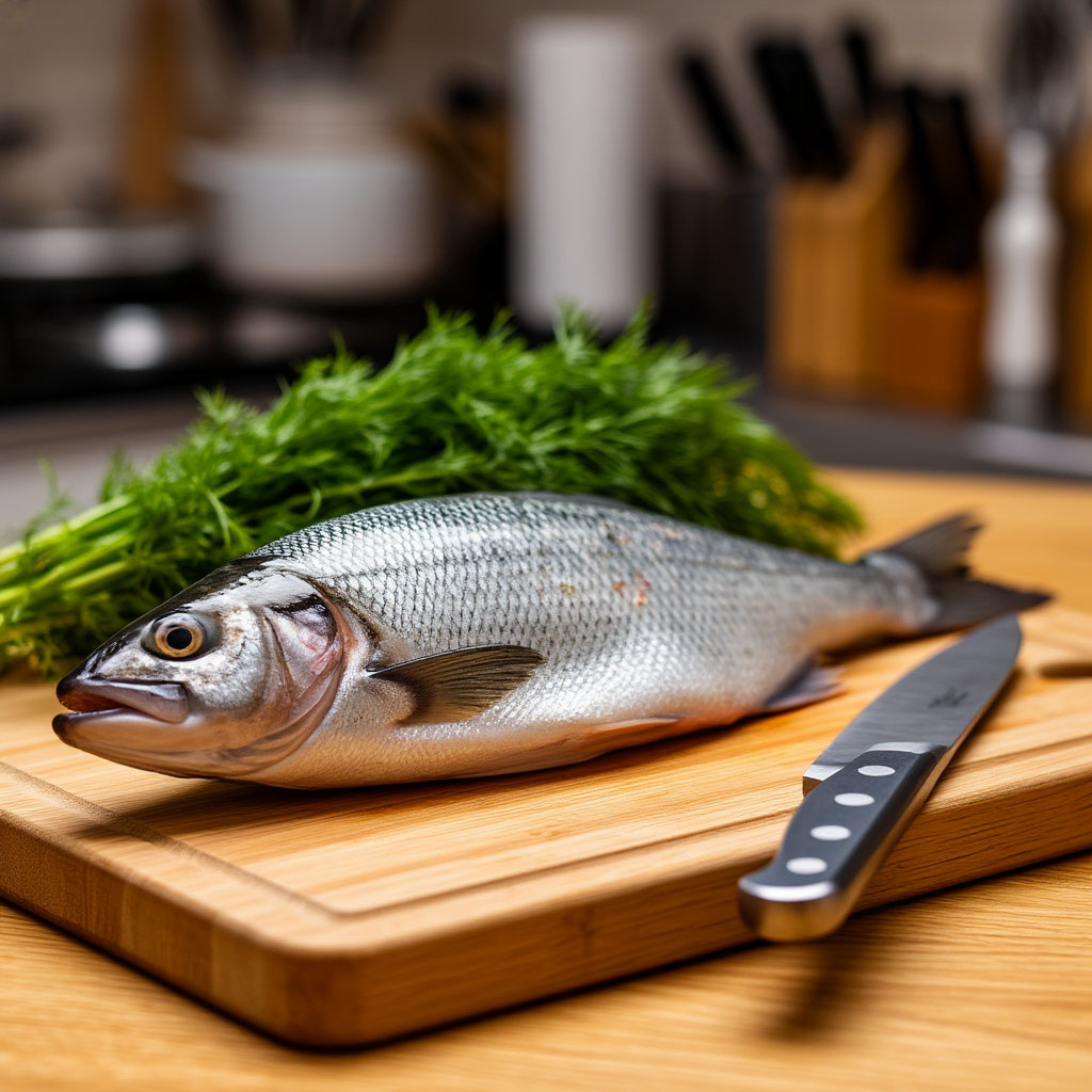 Рыба на разделочной доске на кухне