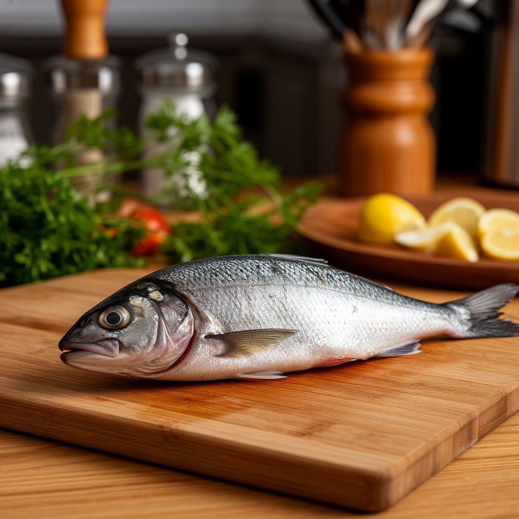 Рыба на разделочной доске на кухне