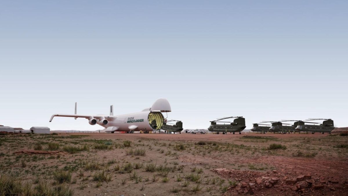    Рендер самолета WindRunner, перемещающего CH-47 Chinook / © Radia