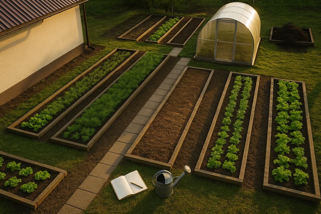 Схема грядок огорода - вид сверху на спланированный участок с геометрически правильными грядками и дорожками