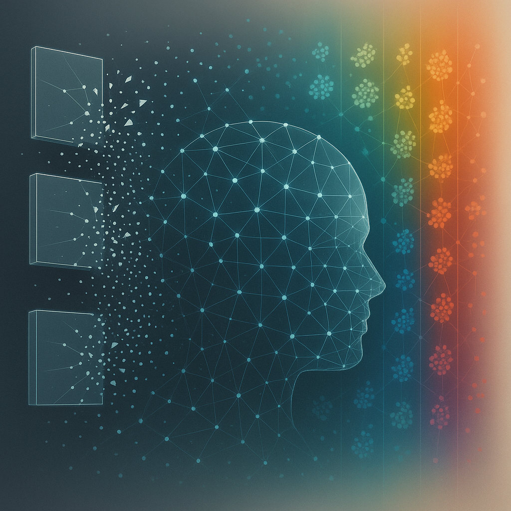 Краткое описание: абстрактная визуализация — слева трескающиеся «коробки»-категории распадаются на точки, в центре — проволочный силуэт головы как сеть узлов и рёбер, справа — аккуратные пучки-кластеры, собранные в цветные «спектры». 