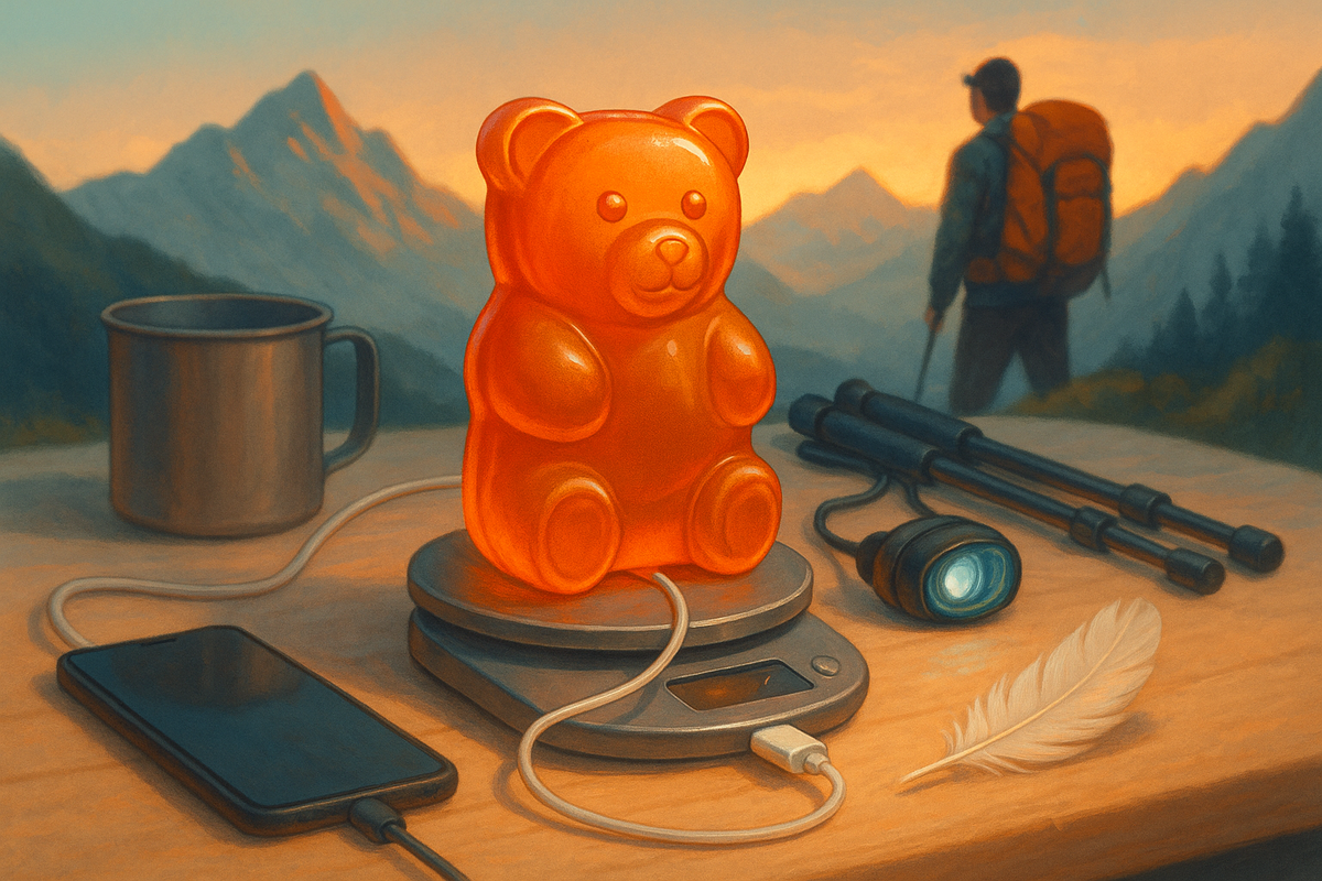 Краткое описание: на фоне горного рассвета — полупрозрачный «мармеладный» пауэрбанк в форме мишки, подключённый к смартфону и налобному фонарю; рядом перо как символ лёгкости, титановая кружка и треккинговые палки.