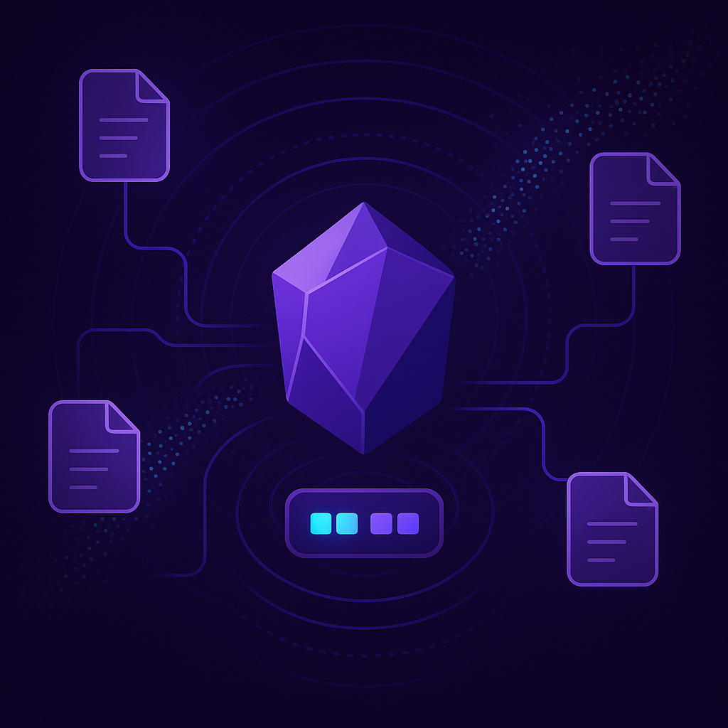 Краткое описание: тёмный фиолетовый фон в стиле Obsidian — в центре кристалл-«хранилище», от него тянутся линии к карточкам-заметкам. На каждой карточке — индикатор кода из двух пар светящихся ячеек (формат «XX-XX» без букв/цифр), вокруг — спирали точек как намёк на хеширование.