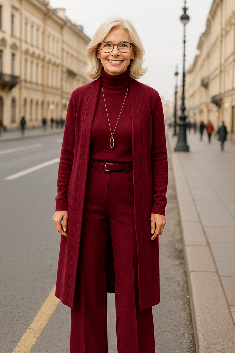 Колонна из близких оттенков собирает фигуру в одну вертикаль, а расстегнутый третий слой рисует две параллели по краям и мягко вытягивает центр, создавая спокойный уверенный силуэт без усилий.