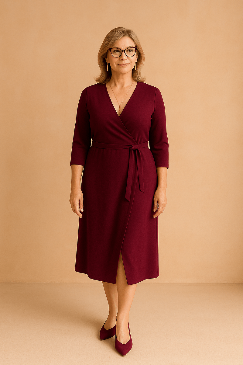 V-вырез удлиняет шею и балансирует плечи, серьги струйной формы и очки с приподнятым уголком усиливают эффект, а лодочки с V на подъеме направляют взгляд вверх и визуально сужают бедра.