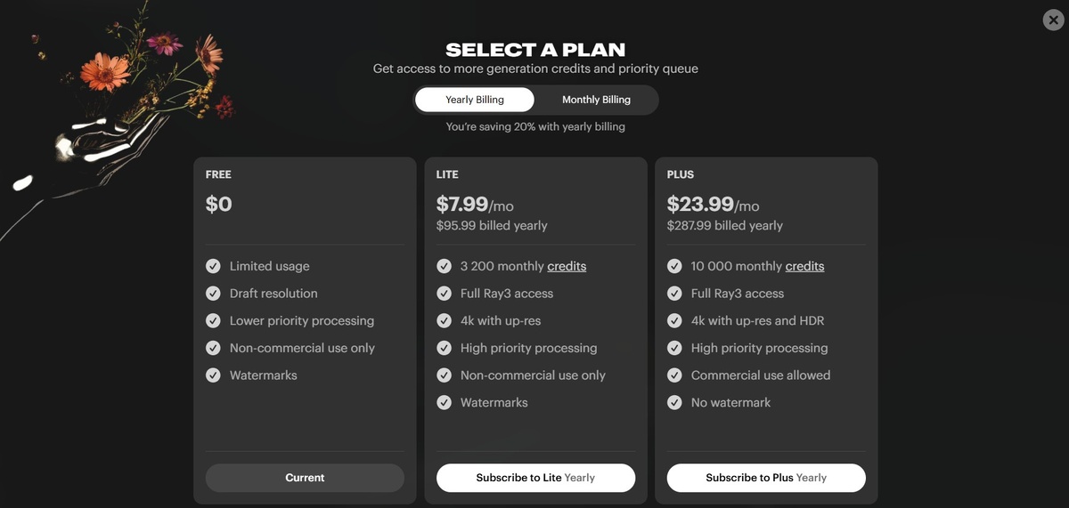 Тарифные планы нейросети Luma Dream Machine