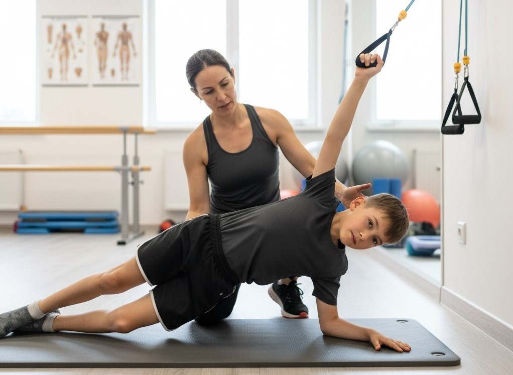 Ребенок с боковым искривлением позвоночника занимается лечебной физкультурой