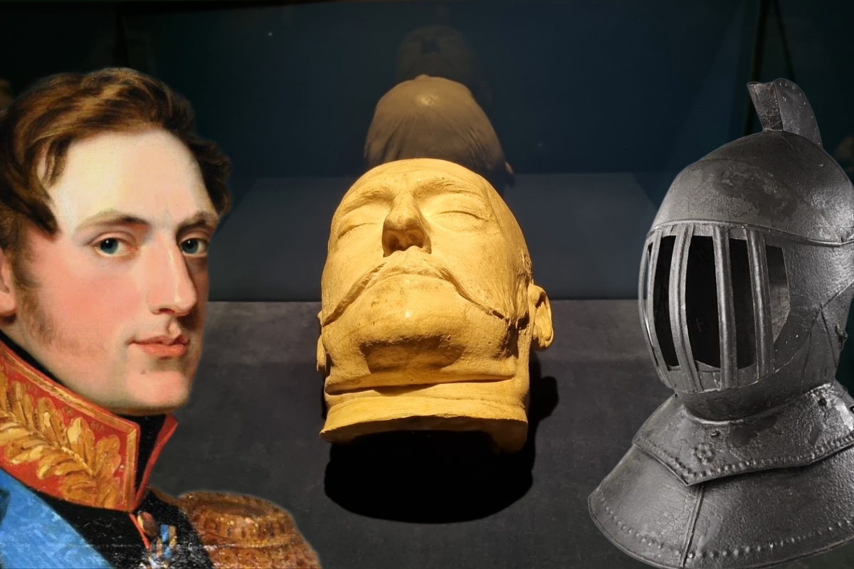 Слева направо: Великий князь Николай Павлович в 1821 году (фрагмент портрета кисти Дж. Доу), посмертная маска Николая (1855 год), шлем Печального рыцаря с церемонии похорон императора