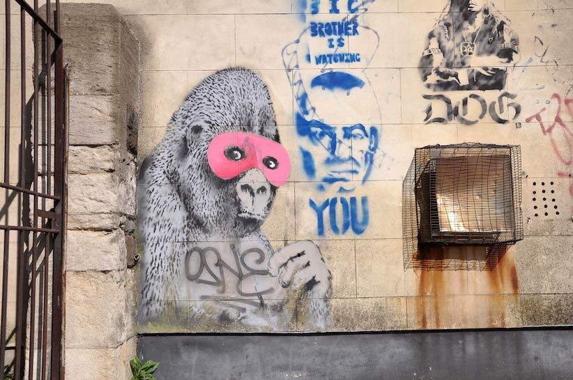 Работа Бэнкси "Горилла в розовой маске" на улицах Бристоля, 2011 год.