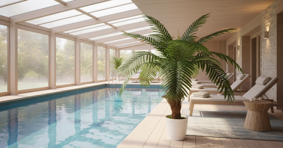 Искусственные пальмы прекрасно смотрятся у бассейна и в других помещениях.