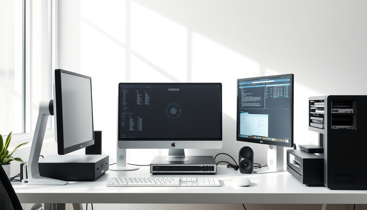    Изображение современного компьютера без дисковода и оптических носителей, показывающее эволюцию технологий хранения информации.