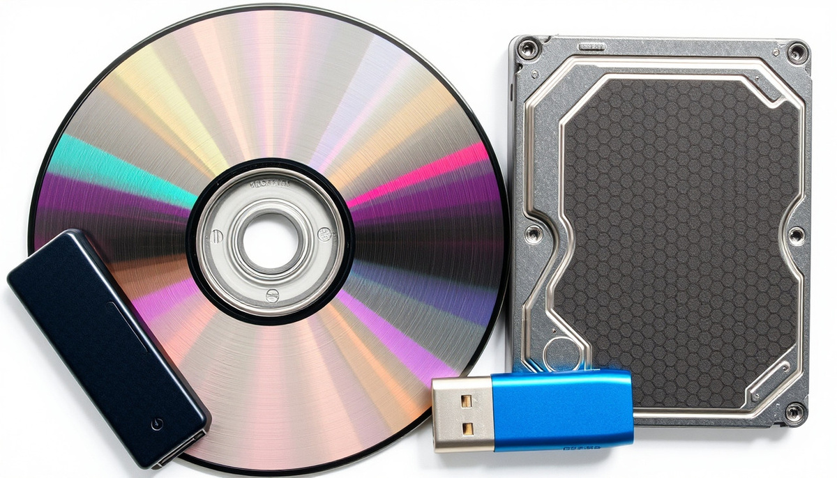    Изображение старого компакт-диска на фоне других носителей данных: флешка и внешний жесткий диск.
