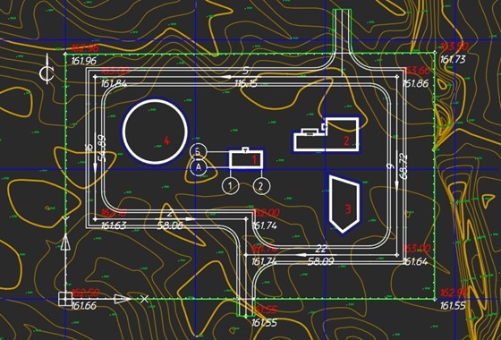 Рис. 1 – проектные отметки на площадке и осях проезда